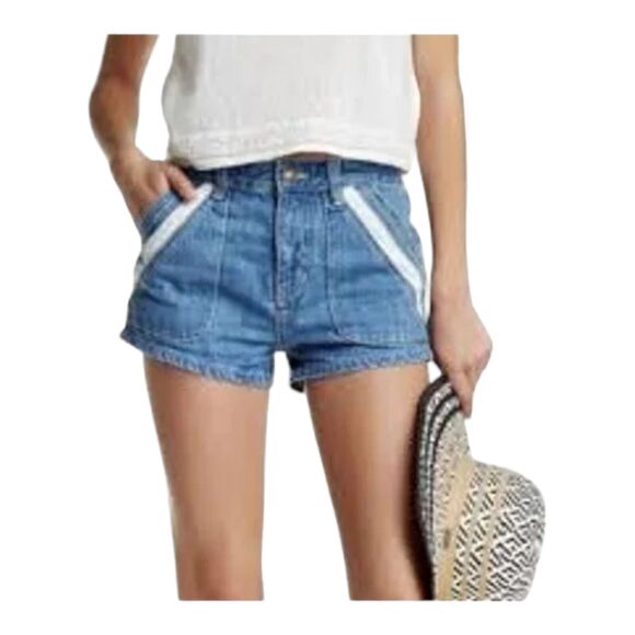 Free People Sweet Surrender Lace Inset High Rise Jean Denim Shorts 27 Dark Wash - Picture 9 of 12